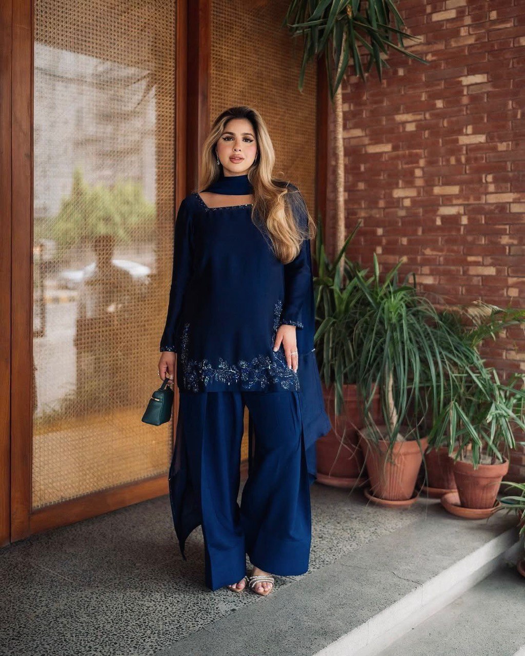 Party Wear Navy Blue Color Natural Crepe Beads With Moti With Thread Work Palazzo Suit