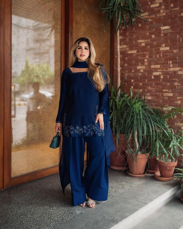 Party Wear Navy Blue Color Natural Crepe Beads With Moti With Thread Work Palazzo Suit