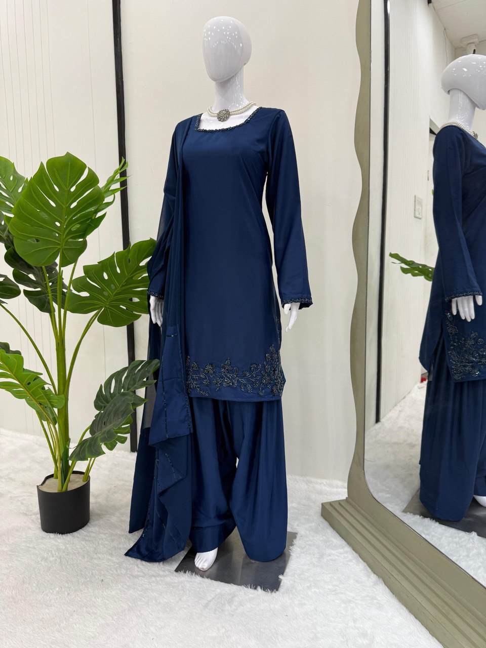 Party Wear Navy Blue Color Natural Crepe Beads With Moti With Thread Work Palazzo Suit