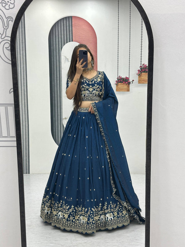 Festive Wear Teal Color Thread And Sequence Work Lehenga Choli Set