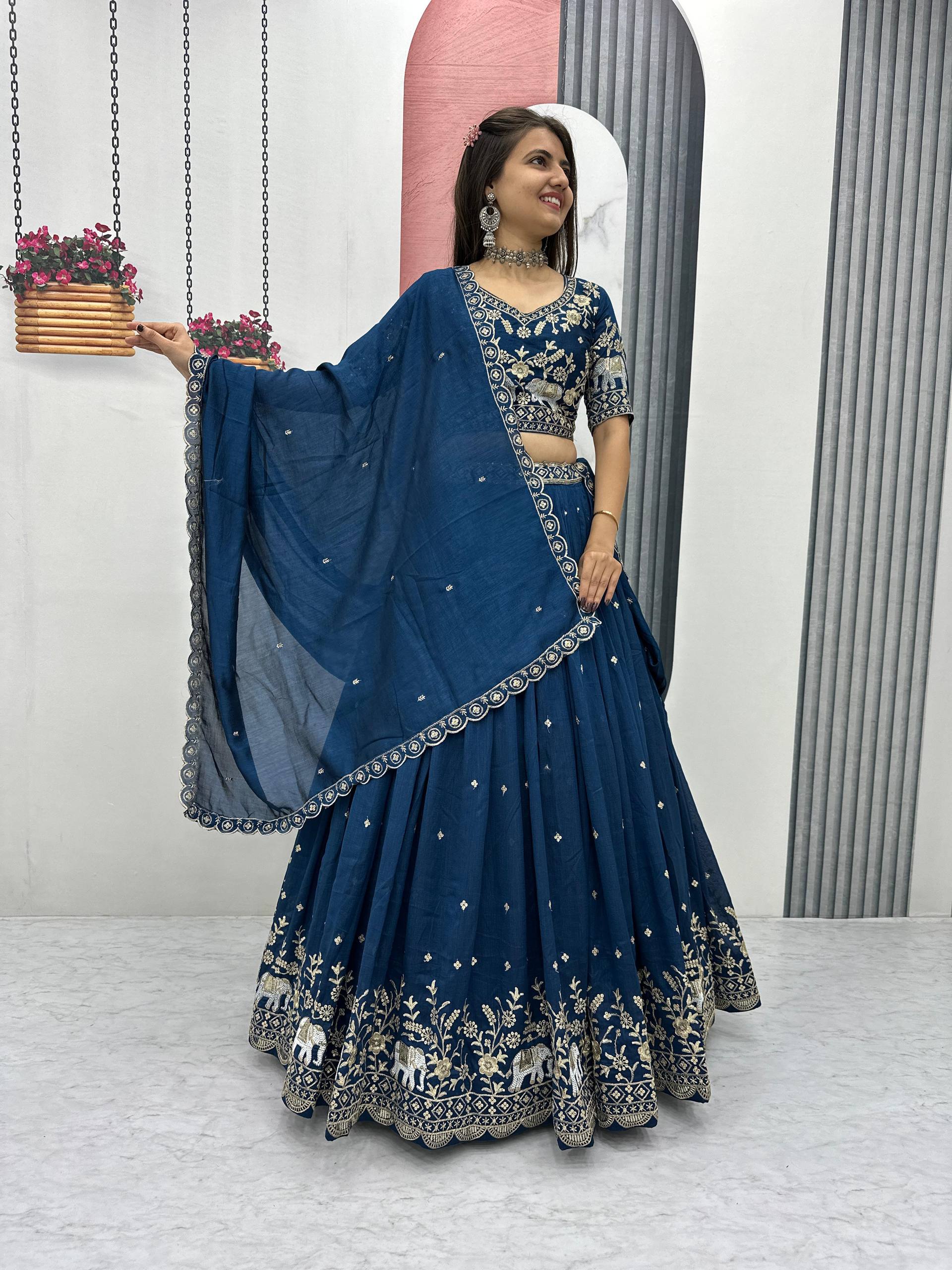 Festive Wear Teal Color Thread And Sequence Work Lehenga Choli Set
