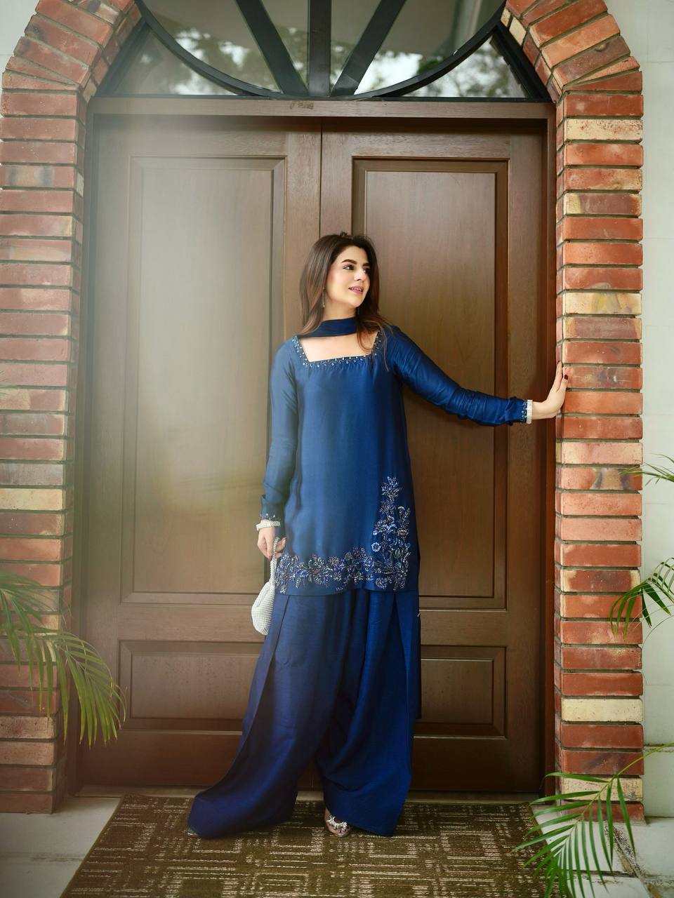 Function Wear Navy Blue Color Pure Natural Crep Silk With Embroidery Sequence Work Palazzo Suit