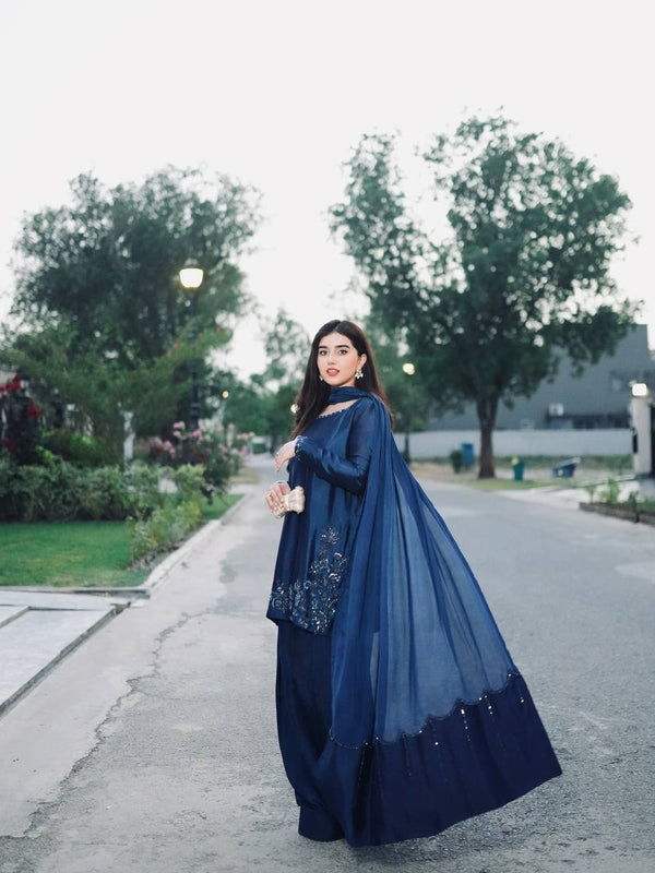 Function Wear Navy Blue Color Pure Natural Crep Silk With Embroidery Sequence Work Palazzo Suit