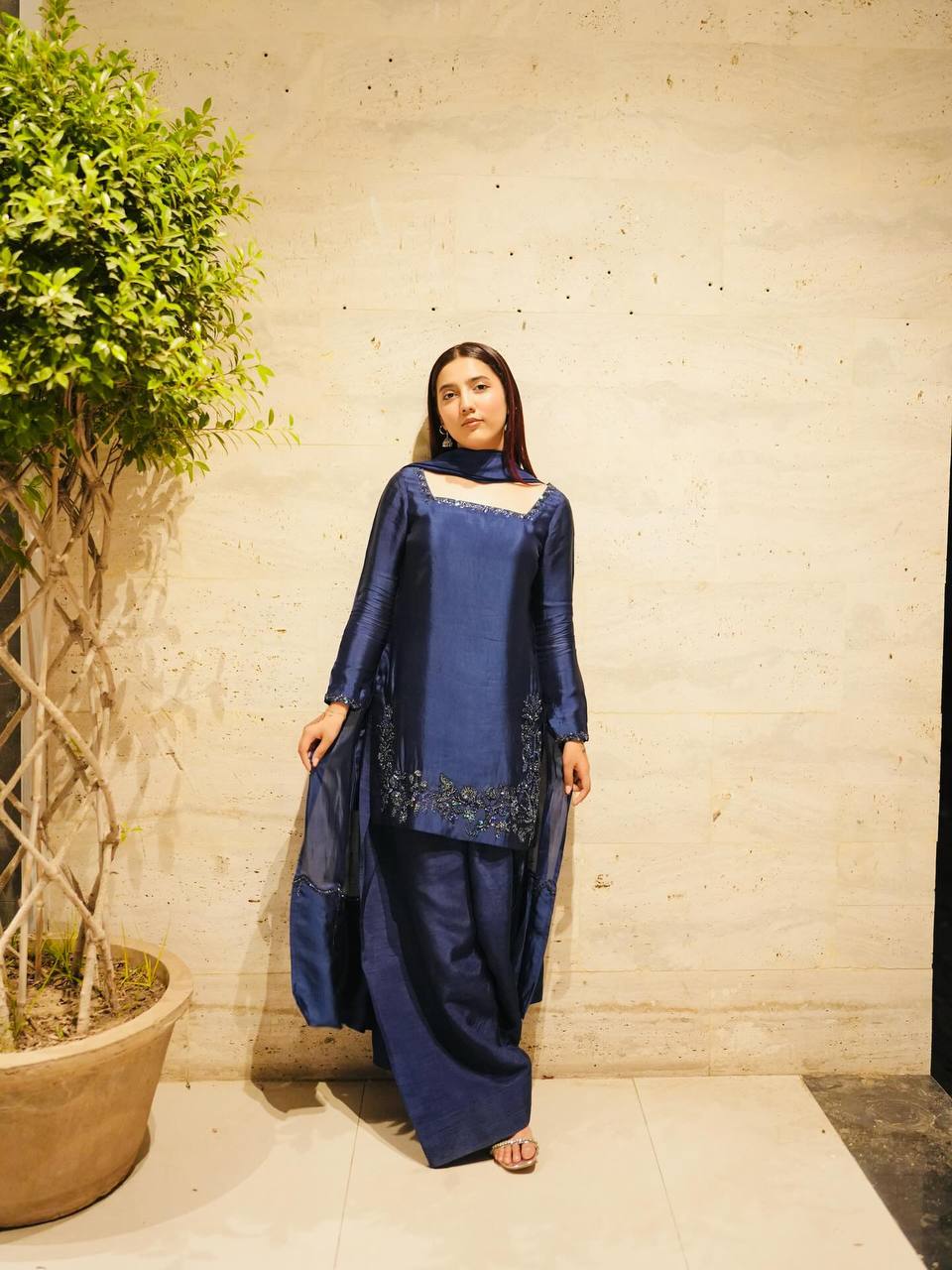 Function Wear Navy Blue Color Pure Natural Crep Silk With Embroidery Sequence Work Palazzo Suit