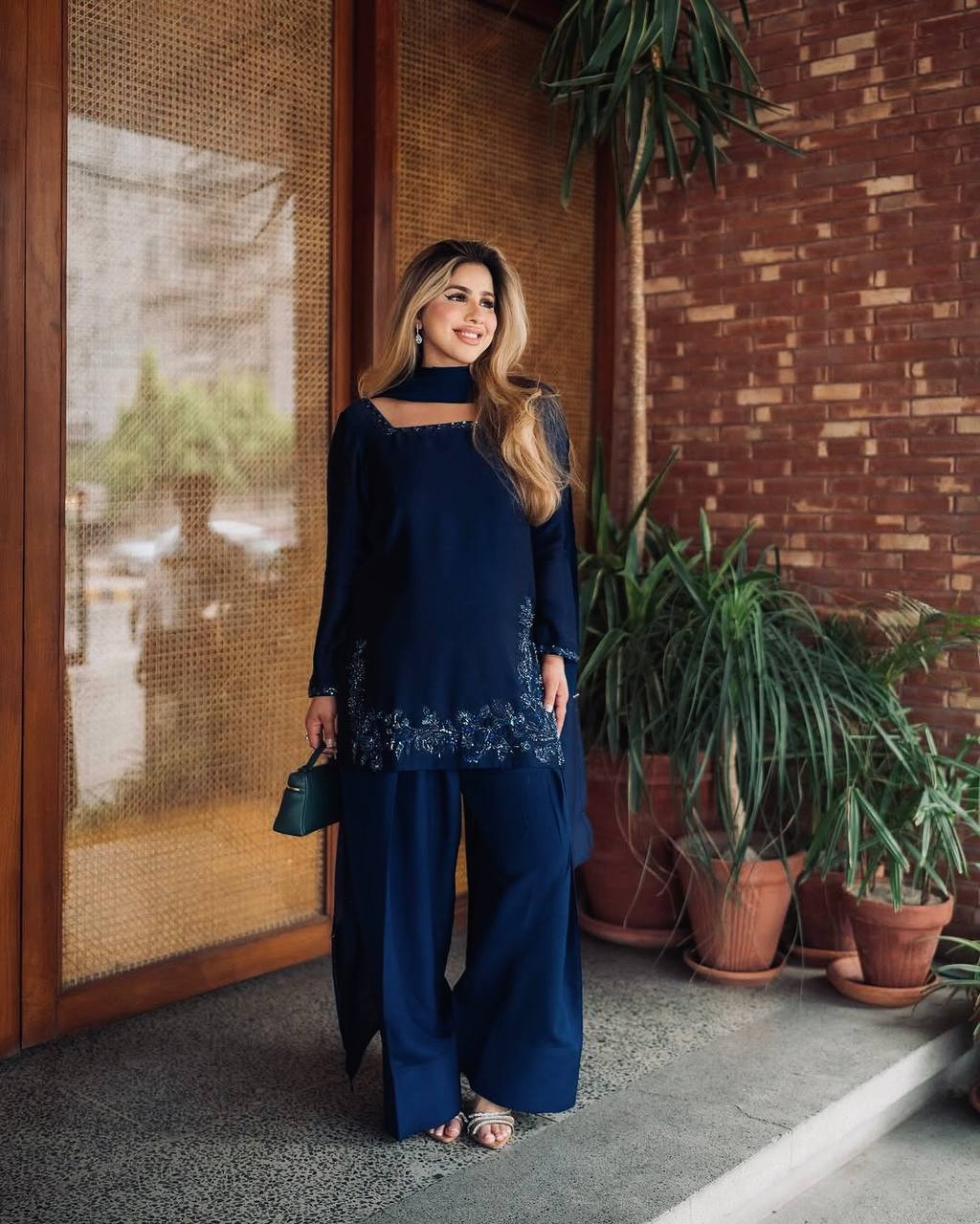 Function Wear Navy Blue Color Pure Natural Crep Silk With Embroidery Sequence Work Palazzo Suit