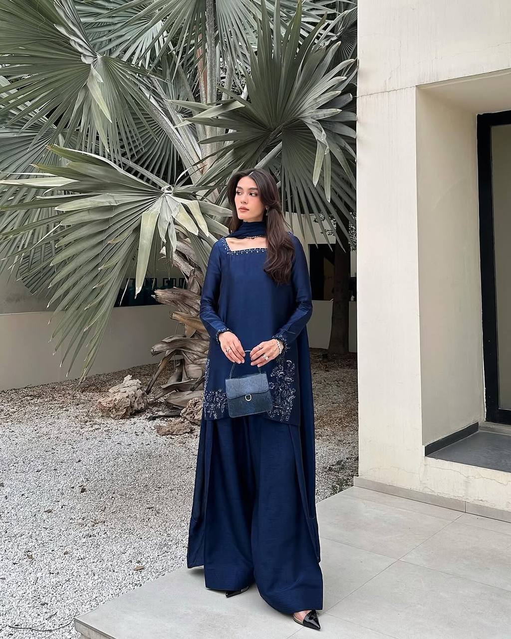 Function Wear Navy Blue Color Pure Natural Crep Silk With Embroidery Sequence Work Palazzo Suit
