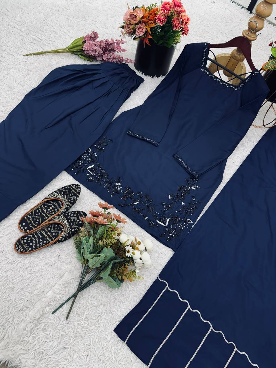 Function Wear Navy Blue Color Pure Natural Crep Silk With Embroidery Sequence Work Palazzo Suit