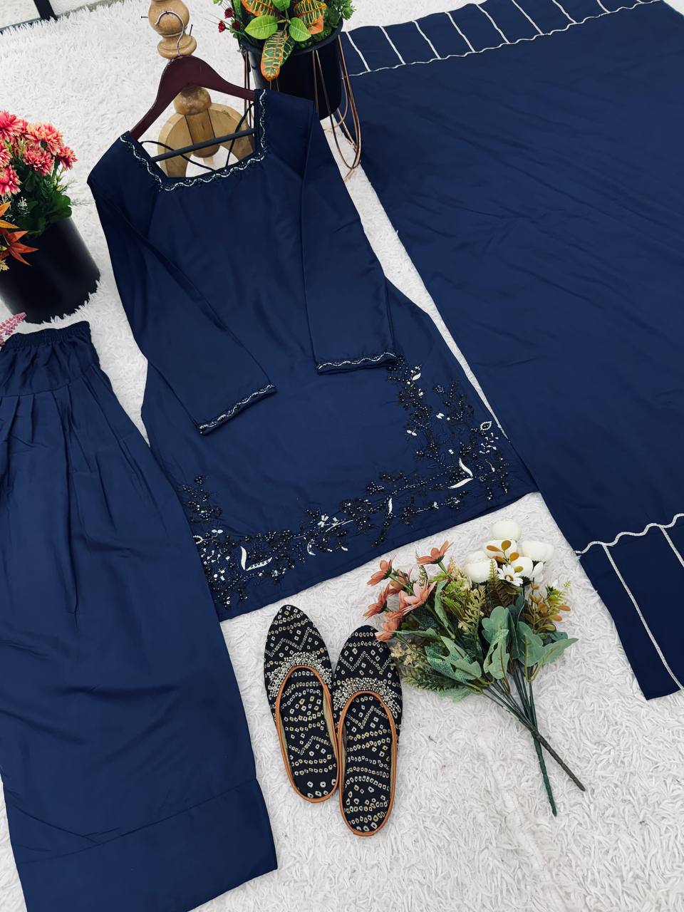 Function Wear Navy Blue Color Pure Natural Crep Silk With Embroidery Sequence Work Palazzo Suit