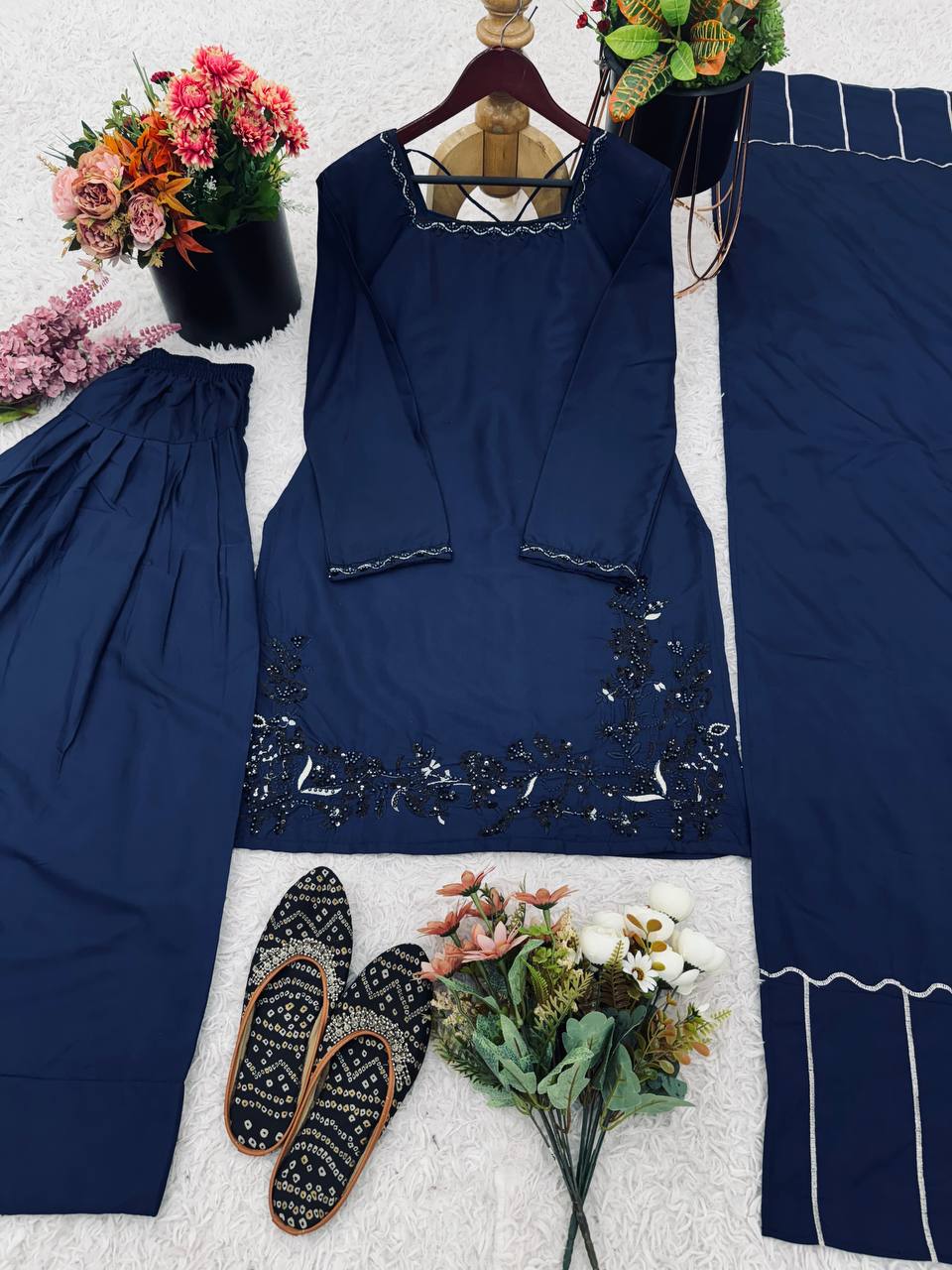 Function Wear Navy Blue Color Pure Natural Crep Silk With Embroidery Sequence Work Palazzo Suit