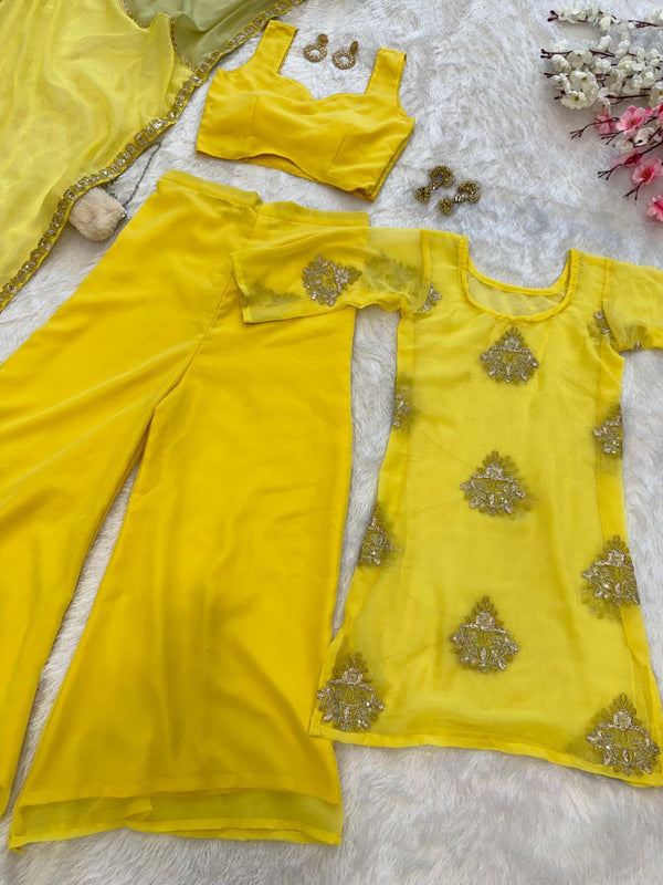 Haldi Wear Yellow Color Pure Georgette Fully Stitched Palazzo Suit