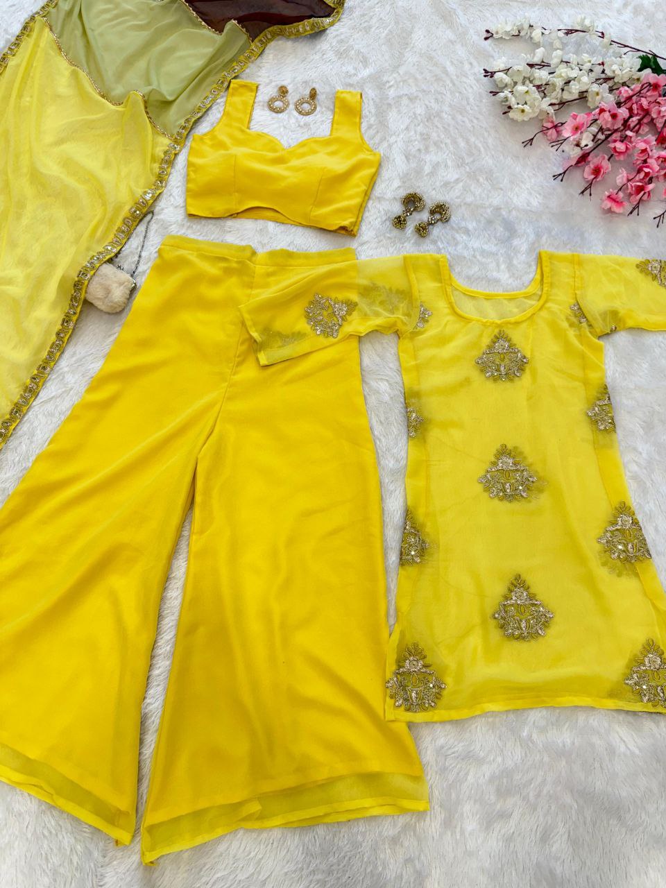 Haldi Wear Yellow Color Pure Georgette Fully Stitched Palazzo Suit