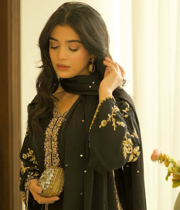 Function Wear Black Color Pure Faux Georgette With Embroidery Sequence Work Palazzo Suit