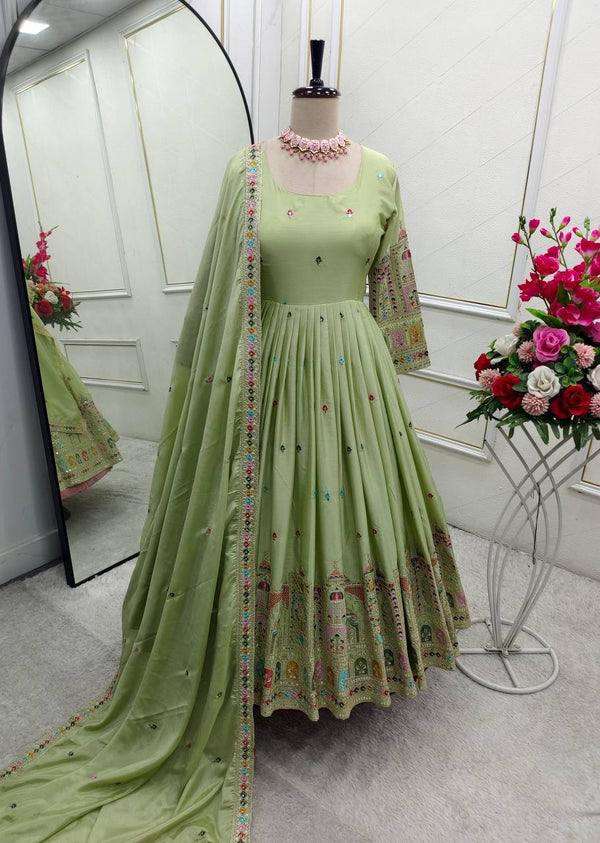 Bollywood Style Light Green Color Pure Cinon Silk With Heavy Embroidery Sequence Work Anarkali Gown
