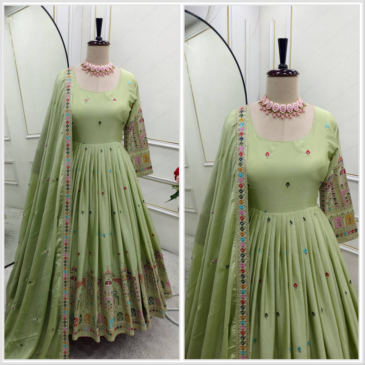 Bollywood Style Light Green Color Pure Cinon Silk With Heavy Embroidery Sequence Work Anarkali Gown