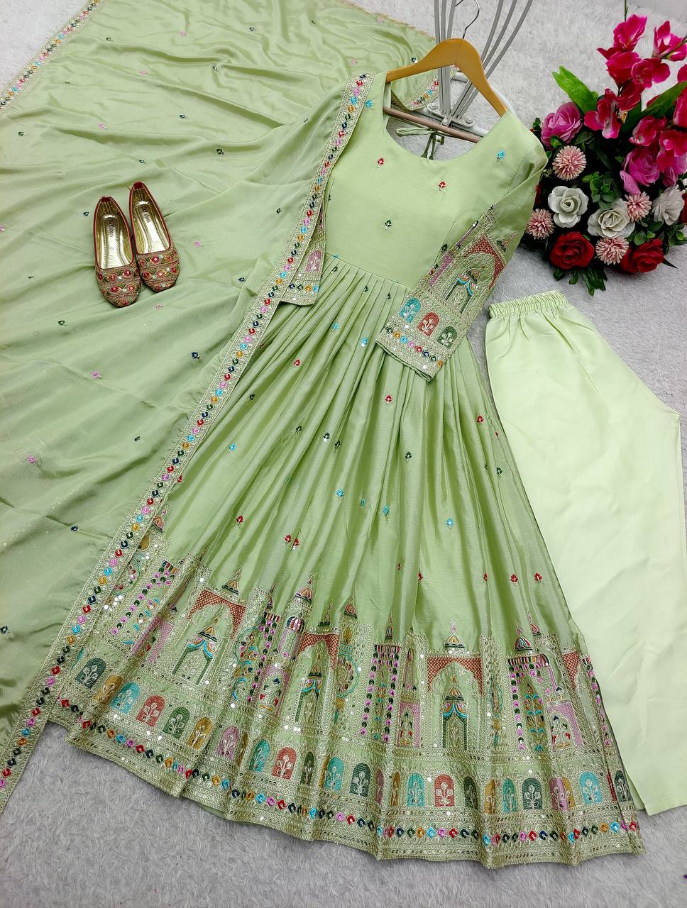 Bollywood Style Light Green Color Pure Cinon Silk With Heavy Embroidery Sequence Work Anarkali Gown