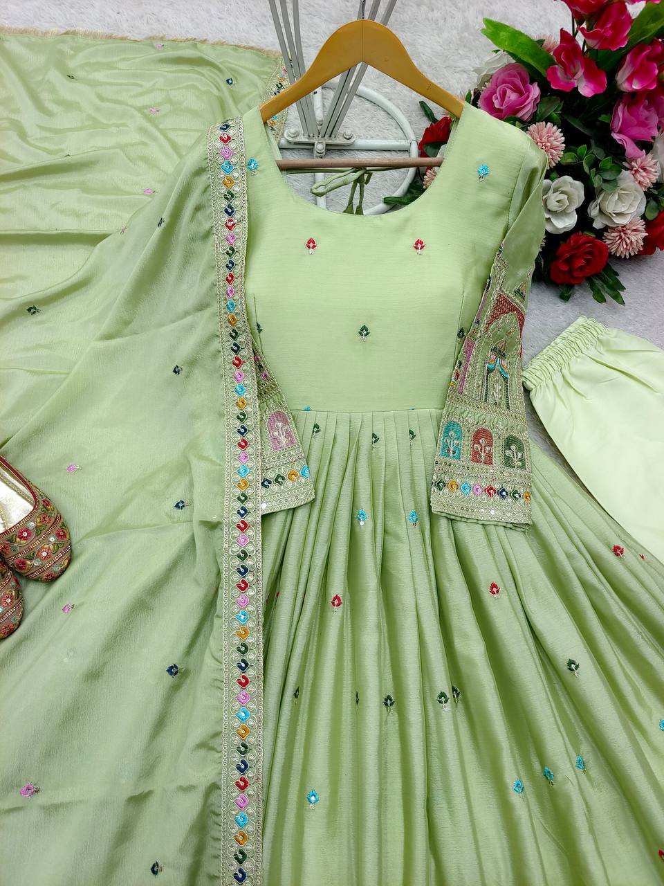 Bollywood Style Light Green Color Pure Cinon Silk With Heavy Embroidery Sequence Work Anarkali Gown