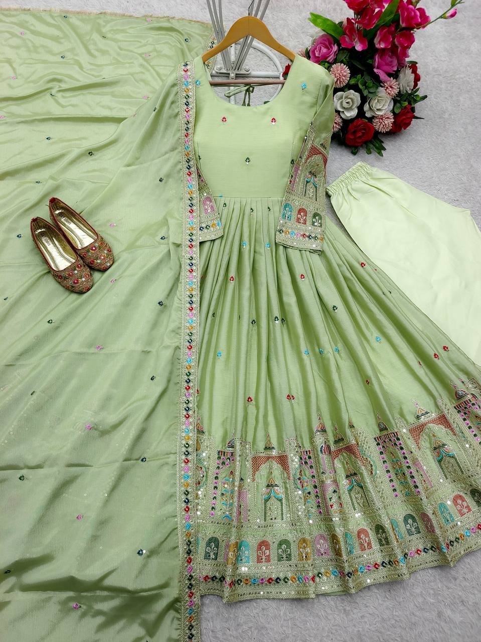 Bollywood Style Light Green Color Pure Cinon Silk With Heavy Embroidery Sequence Work Anarkali Gown