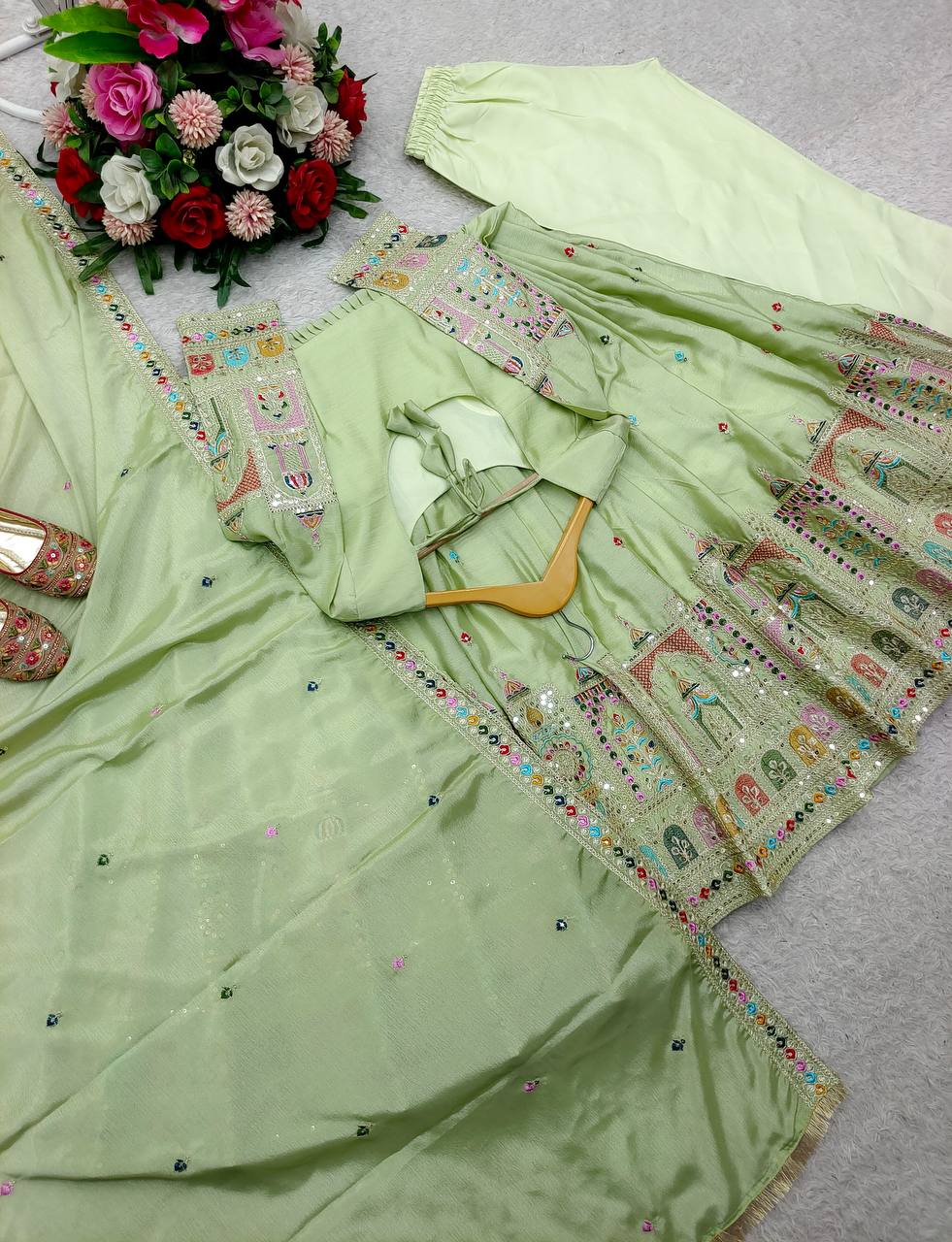 Bollywood Style Light Green Color Pure Cinon Silk With Heavy Embroidery Sequence Work Anarkali Gown
