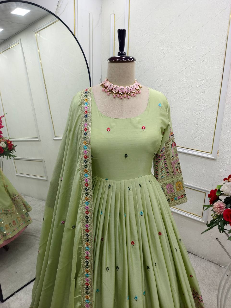 Bollywood Style Light Green Color Pure Cinon Silk With Heavy Embroidery Sequence Work Anarkali Gown