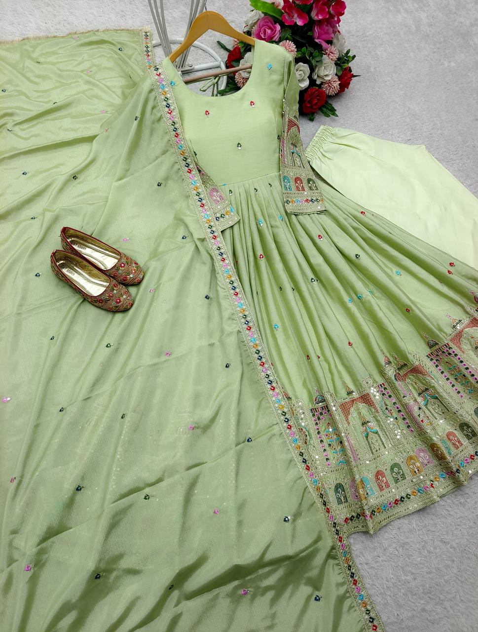 Bollywood Style Light Green Color Pure Cinon Silk With Heavy Embroidery Sequence Work Anarkali Gown