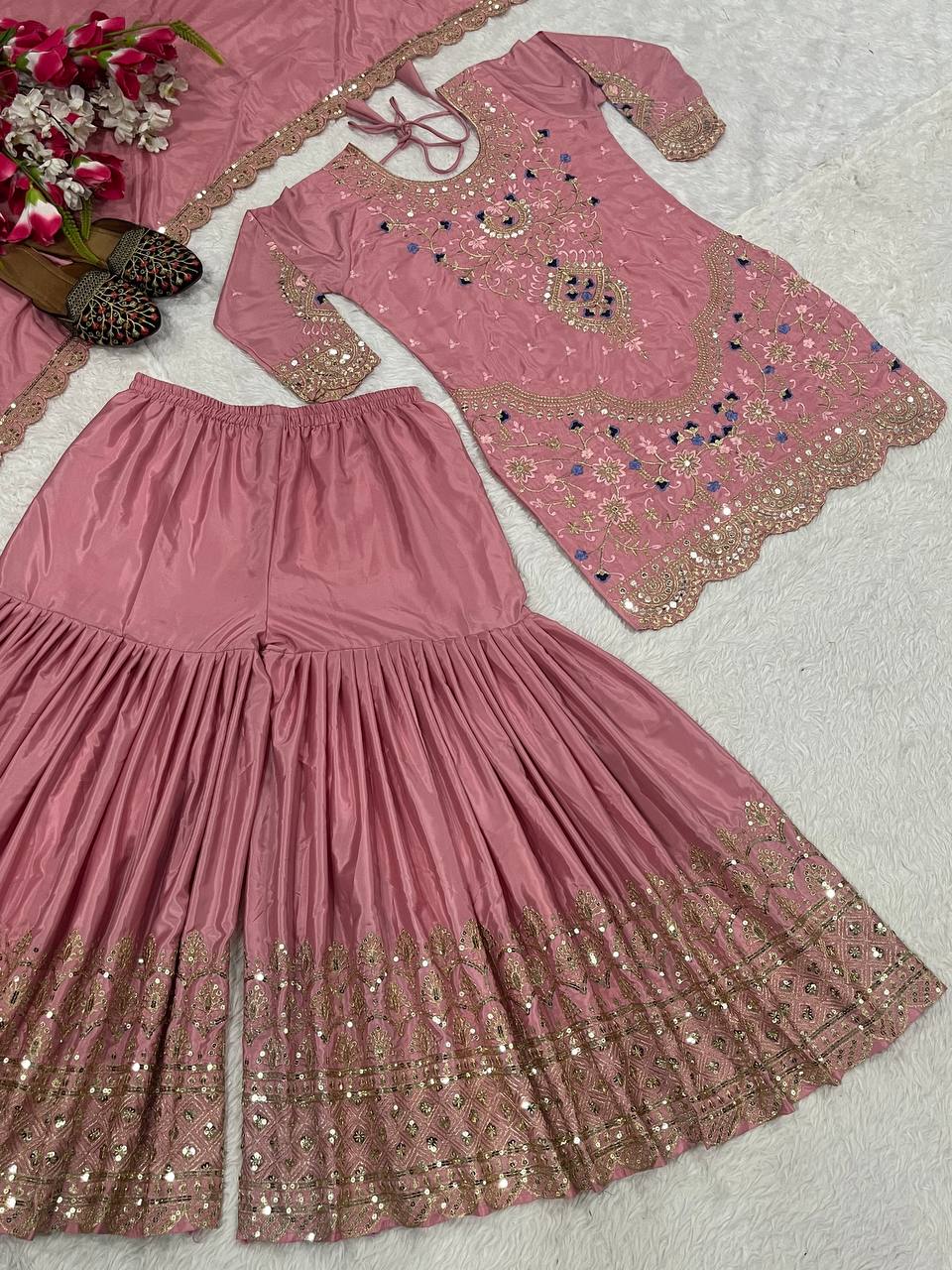 Traditional Wear Dusty Pink color Natural Crep Material With Sequence Embroidery Work Sharara Suit