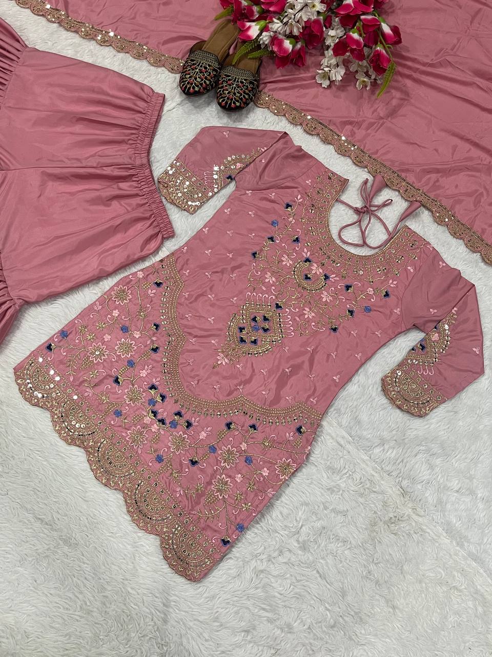Traditional Wear Dusty Pink color Natural Crep Material With Sequence Embroidery Work Sharara Suit