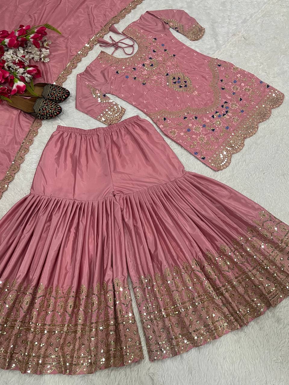 Traditional Wear Dusty Pink color Natural Crep Material With Sequence Embroidery Work Sharara Suit
