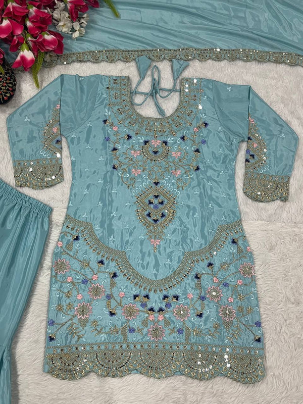 Traditional Wear Sky Blue color Natural Crep Material With Sequence Embroidery Work Sharara Suit