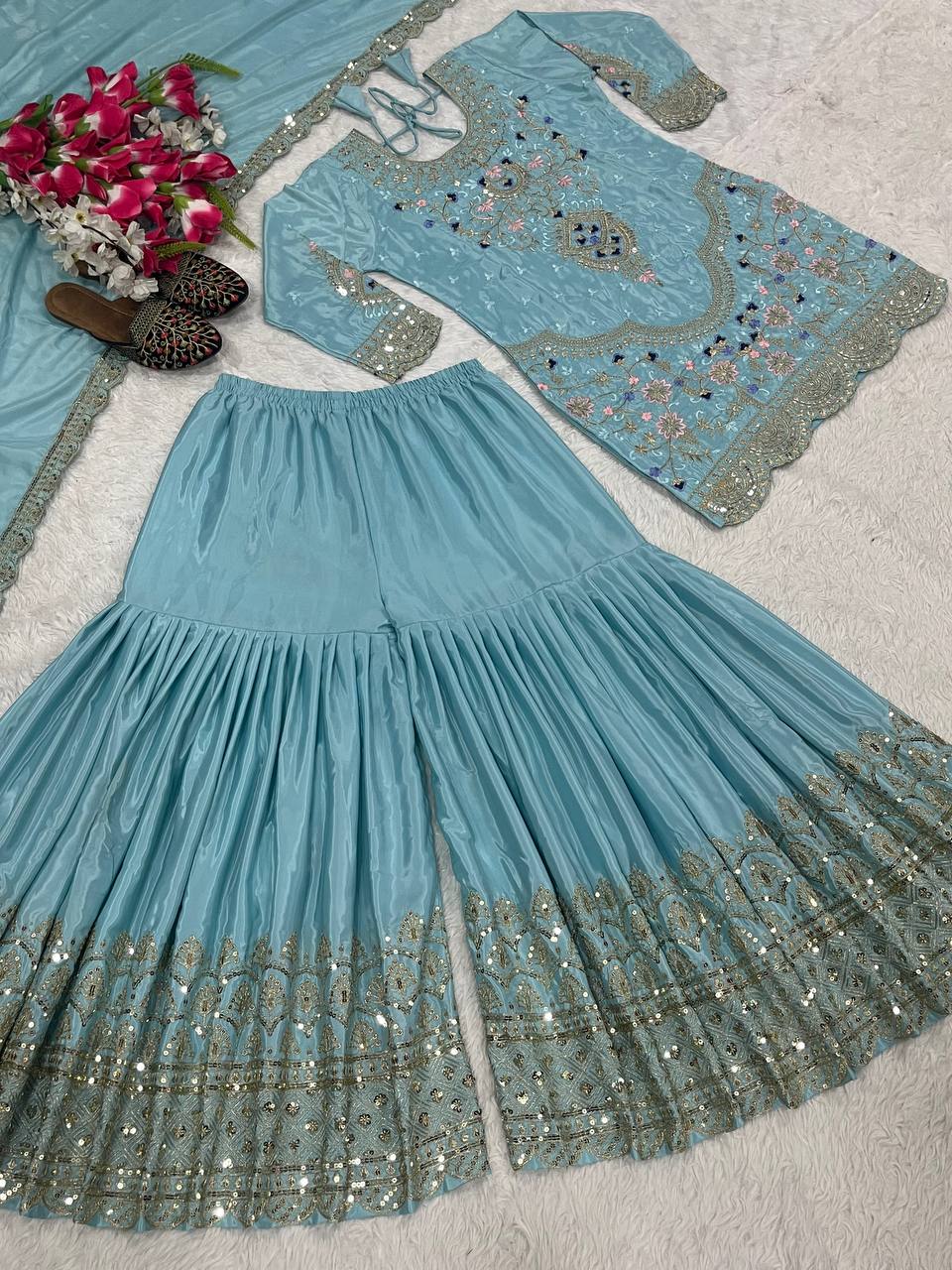 Traditional Wear Sky Blue color Natural Crep Material With Sequence Embroidery Work Sharara Suit