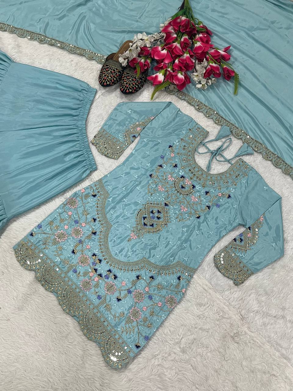 Traditional Wear Sky Blue color Natural Crep Material With Sequence Embroidery Work Sharara Suit