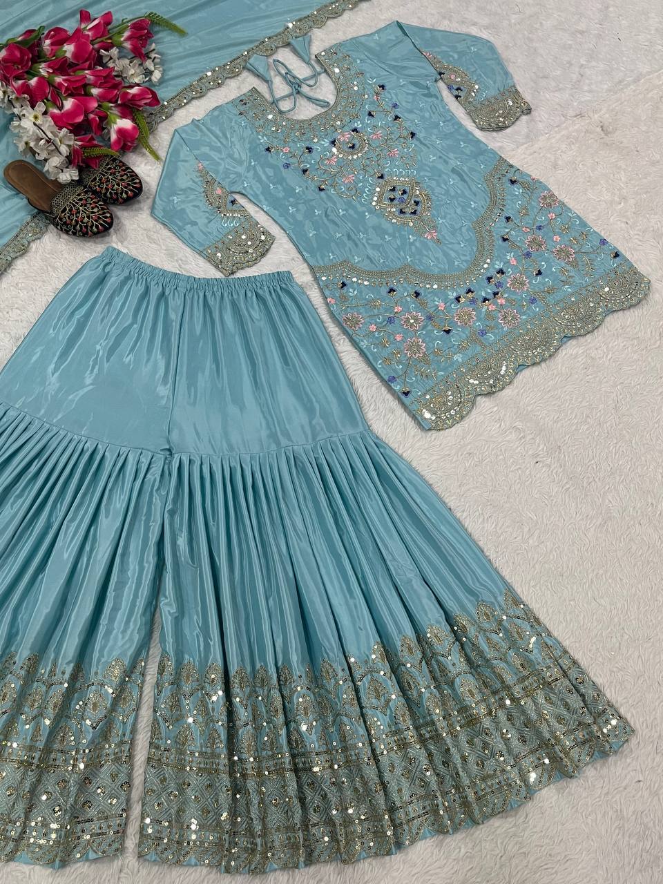 Traditional Wear Sky Blue color Natural Crep Material With Sequence Embroidery Work Sharara Suit