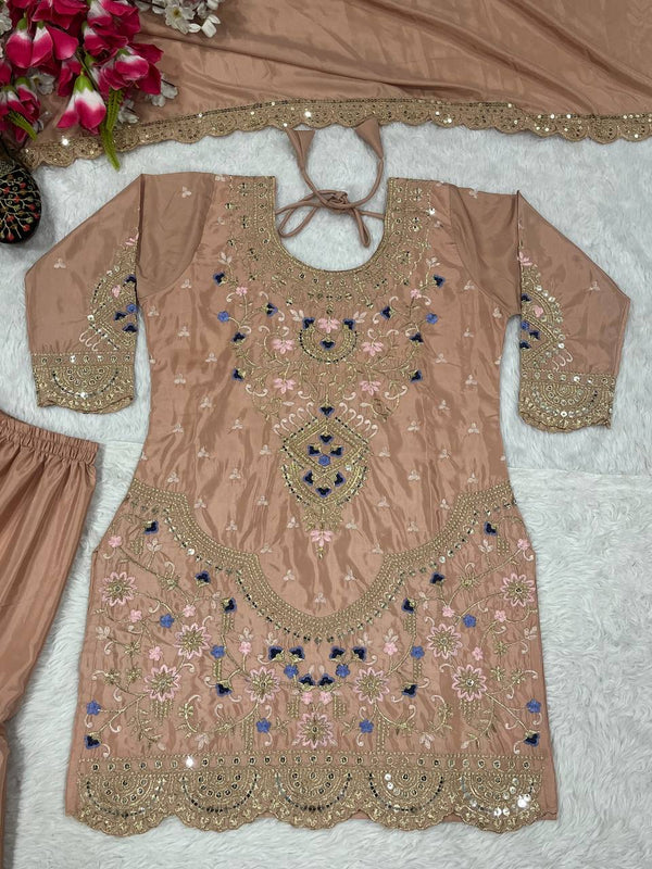 Traditional Wear Beige color Natural Crep Material With Sequence Embroidery Work Sharara Suit