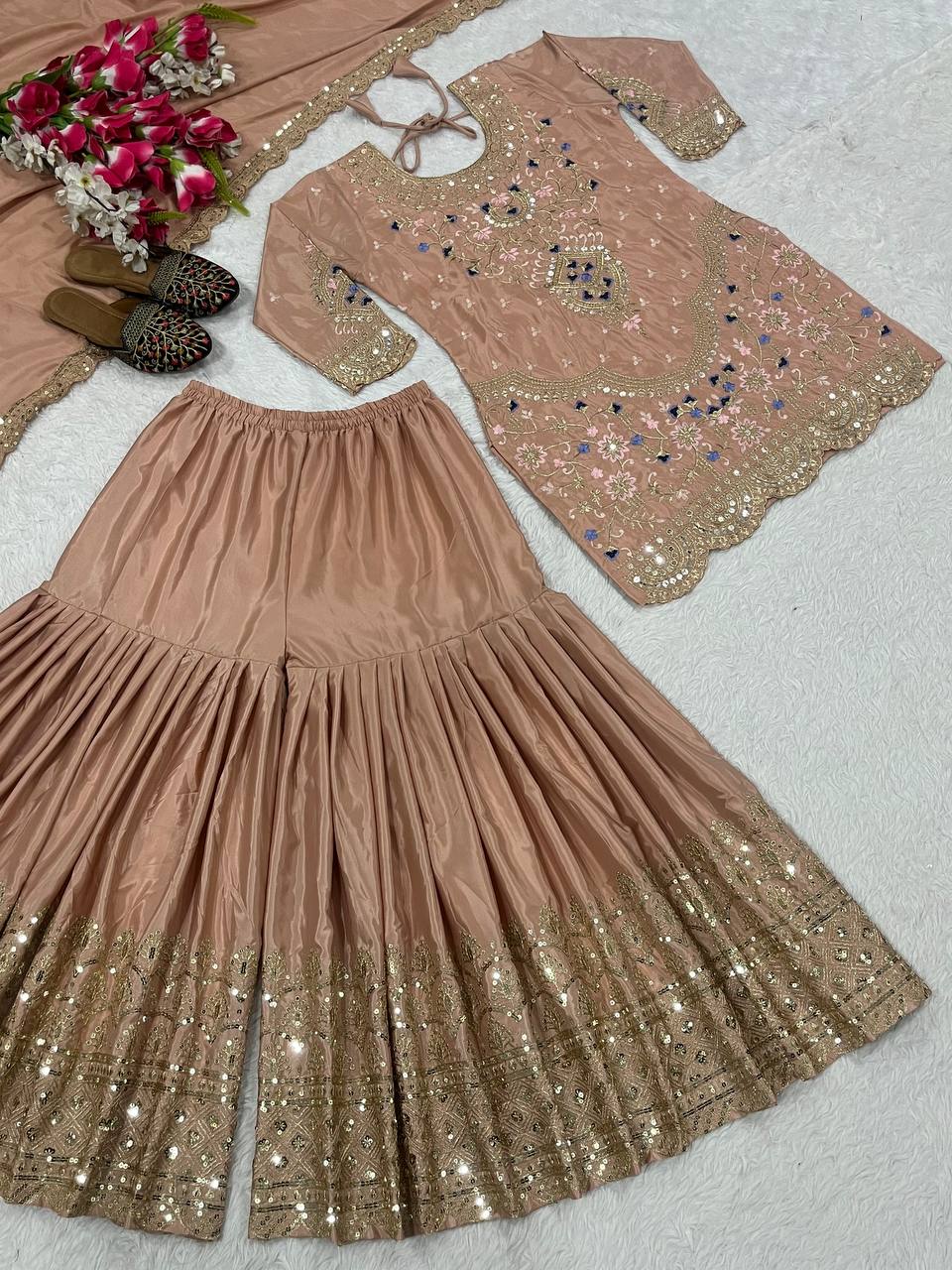 Traditional Wear Beige color Natural Crep Material With Sequence Embroidery Work Sharara Suit