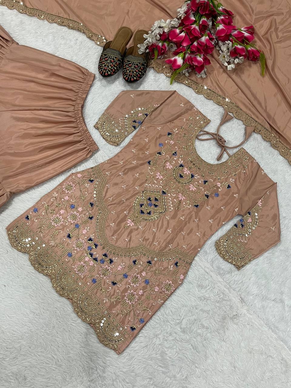 Traditional Wear Beige color Natural Crep Material With Sequence Embroidery Work Sharara Suit