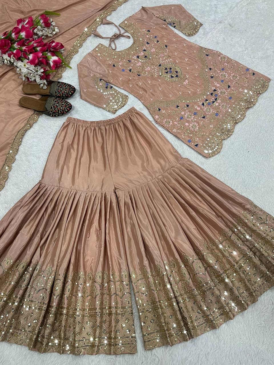 Traditional Wear Beige color Natural Crep Material With Sequence Embroidery Work Sharara Suit