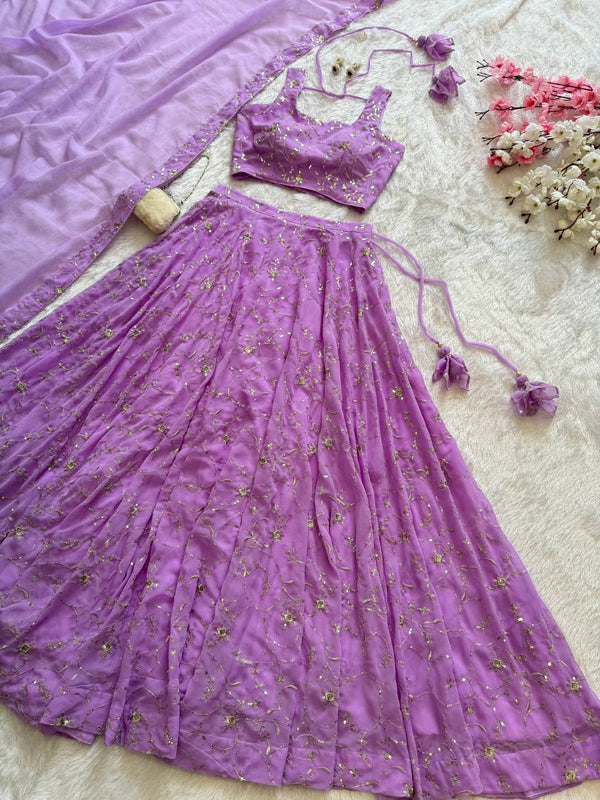 Ceremony Wear Lavender Color Pure Georgette With Embroidery Sequence Work Lehenga Choli