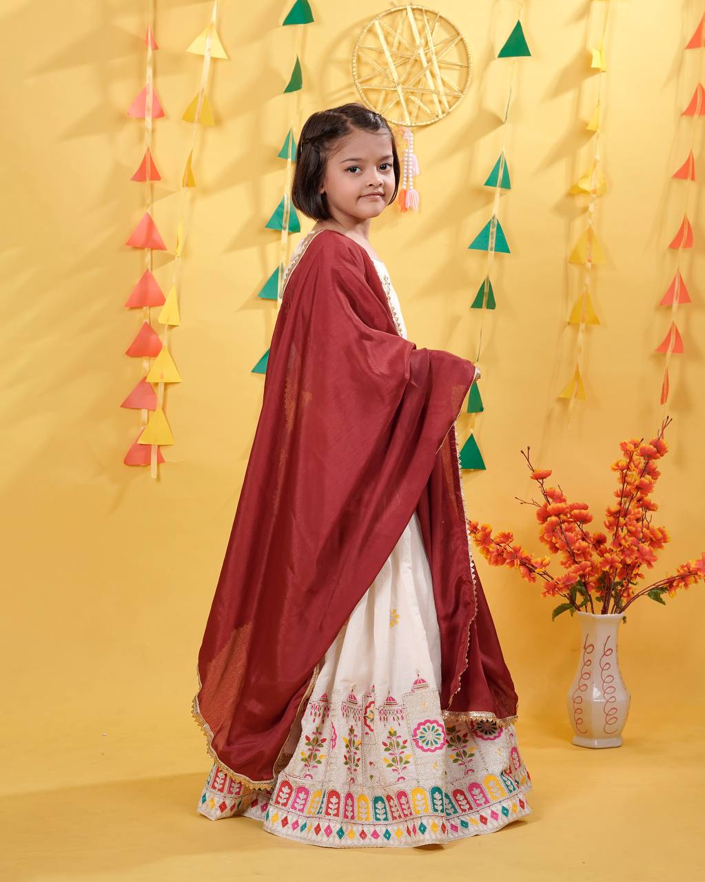 Designer White Color Embroidered Kids Lehenga Choli Set