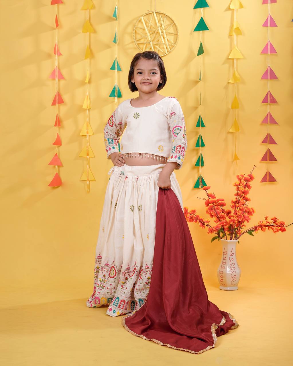 Designer White Color Embroidered Kids Lehenga Choli Set