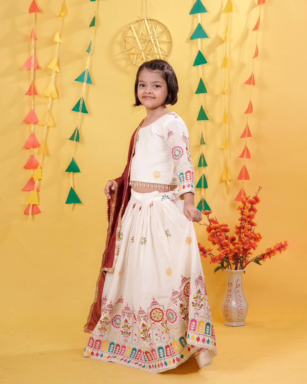 Designer White Color Embroidered Kids Lehenga Choli Set