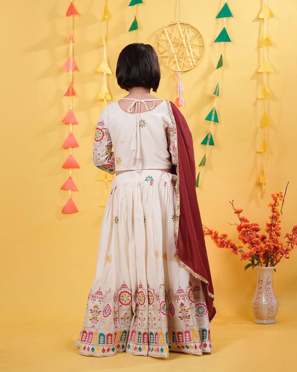 Designer White Color Embroidered Kids Lehenga Choli Set