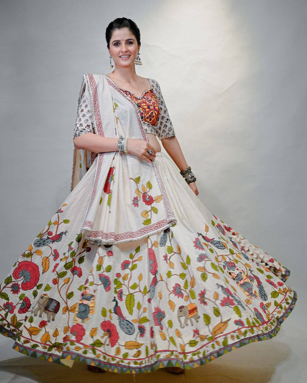 Navratri Collection Off White Color Pure Cotton With Gamathi Work And Real Mirror Work Lehenga Choli