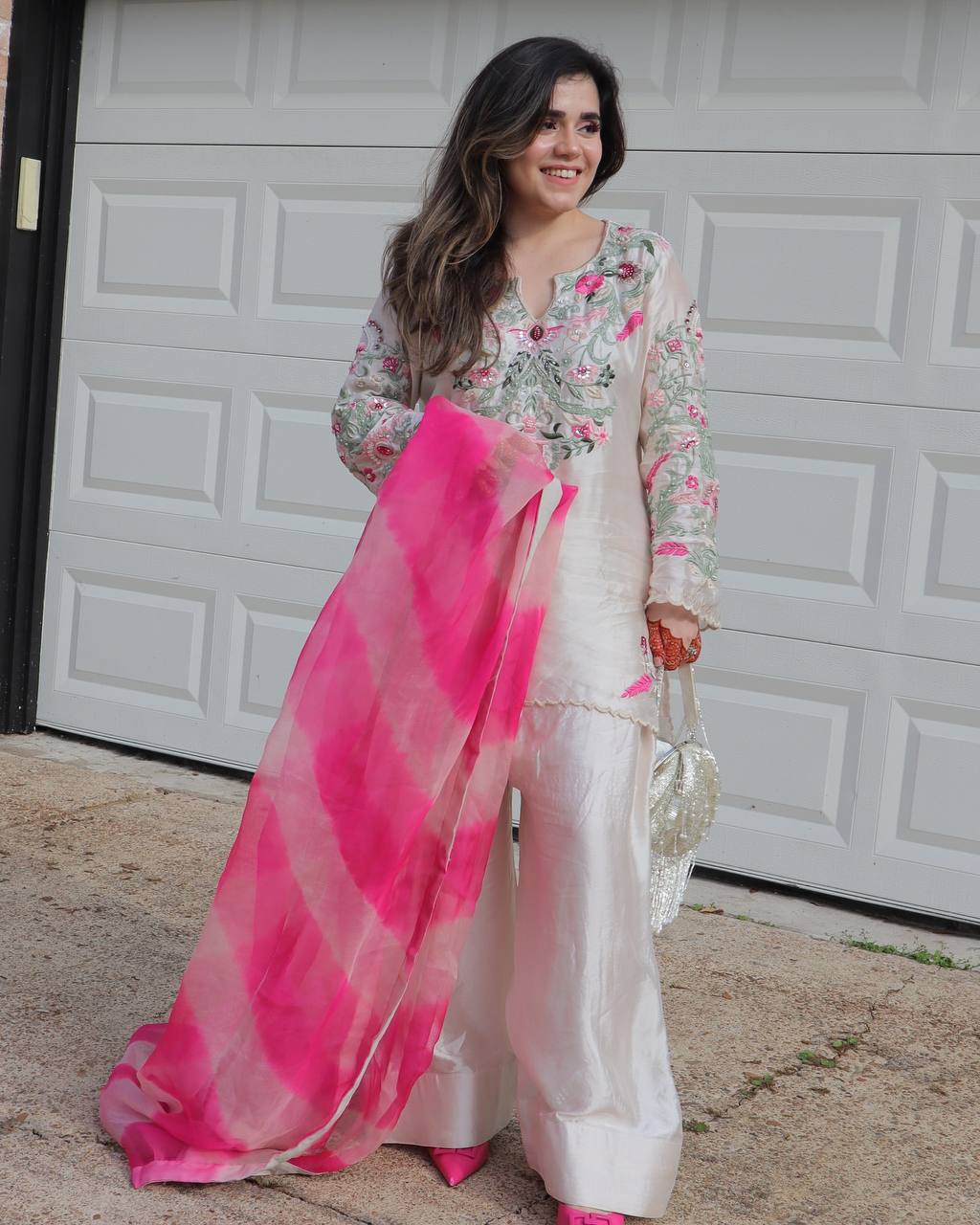 Occasion Wear White Color Natural Crep Silk With Embrodary Siquance Work Palazzo Suit