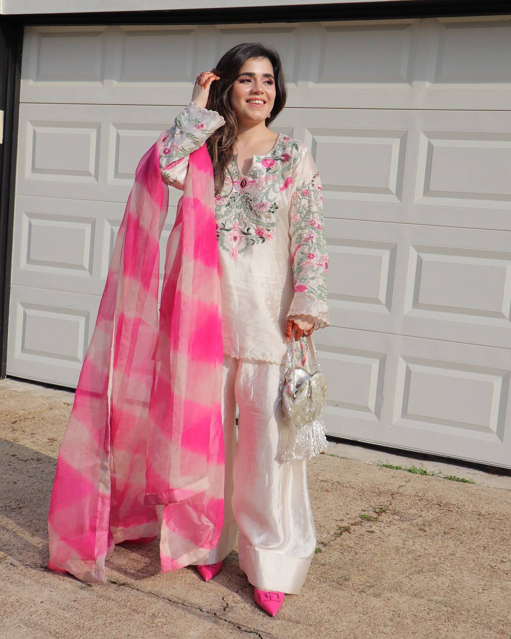 Occasion Wear White Color Natural Crep Silk With Embrodary Siquance Work Palazzo Suit
