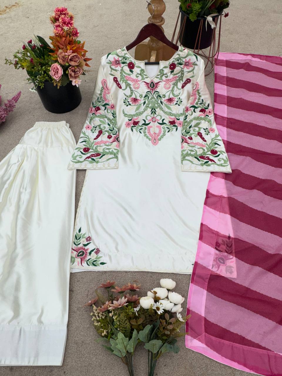 Occasion Wear White Color Natural Crep Silk With Embrodary Siquance Work Palazzo Suit