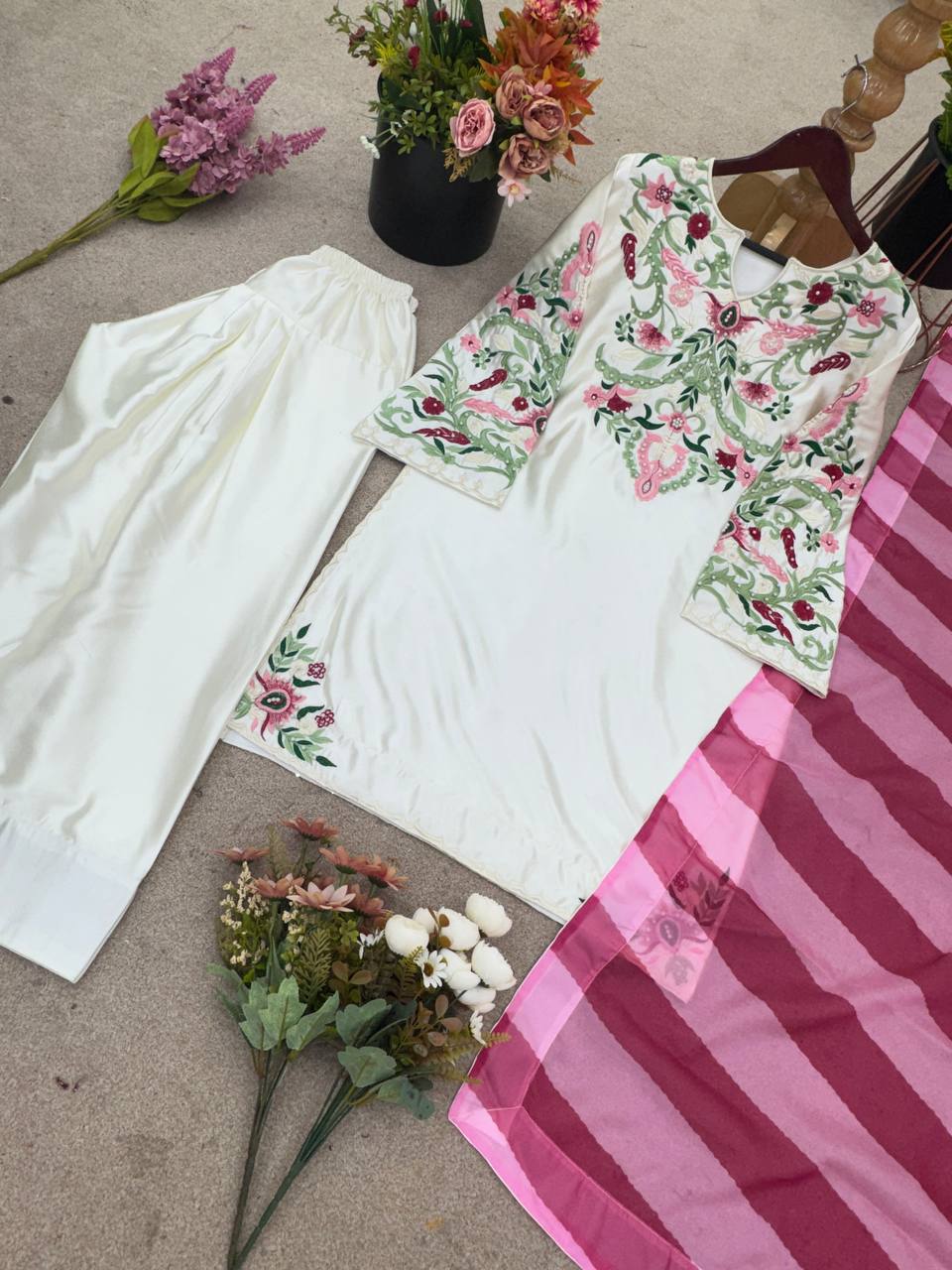 Occasion Wear White Color Natural Crep Silk With Embrodary Siquance Work Palazzo Suit