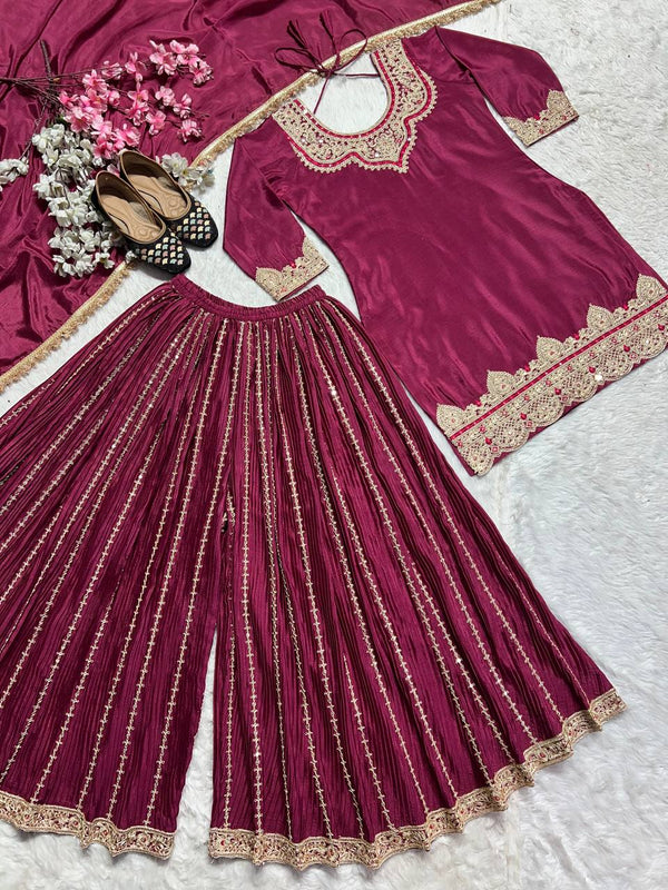 Occasion Wear Wine Color Pure Heavy Chinnon Silk With Heavy Embroidery Coding Sequence Work Sharara Suit