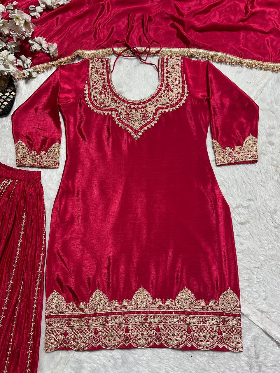 Occasion Wear Red Color Pure Heavy Chinnon Silk With Heavy Embroidery Coding Sequence Work Sharara Suit