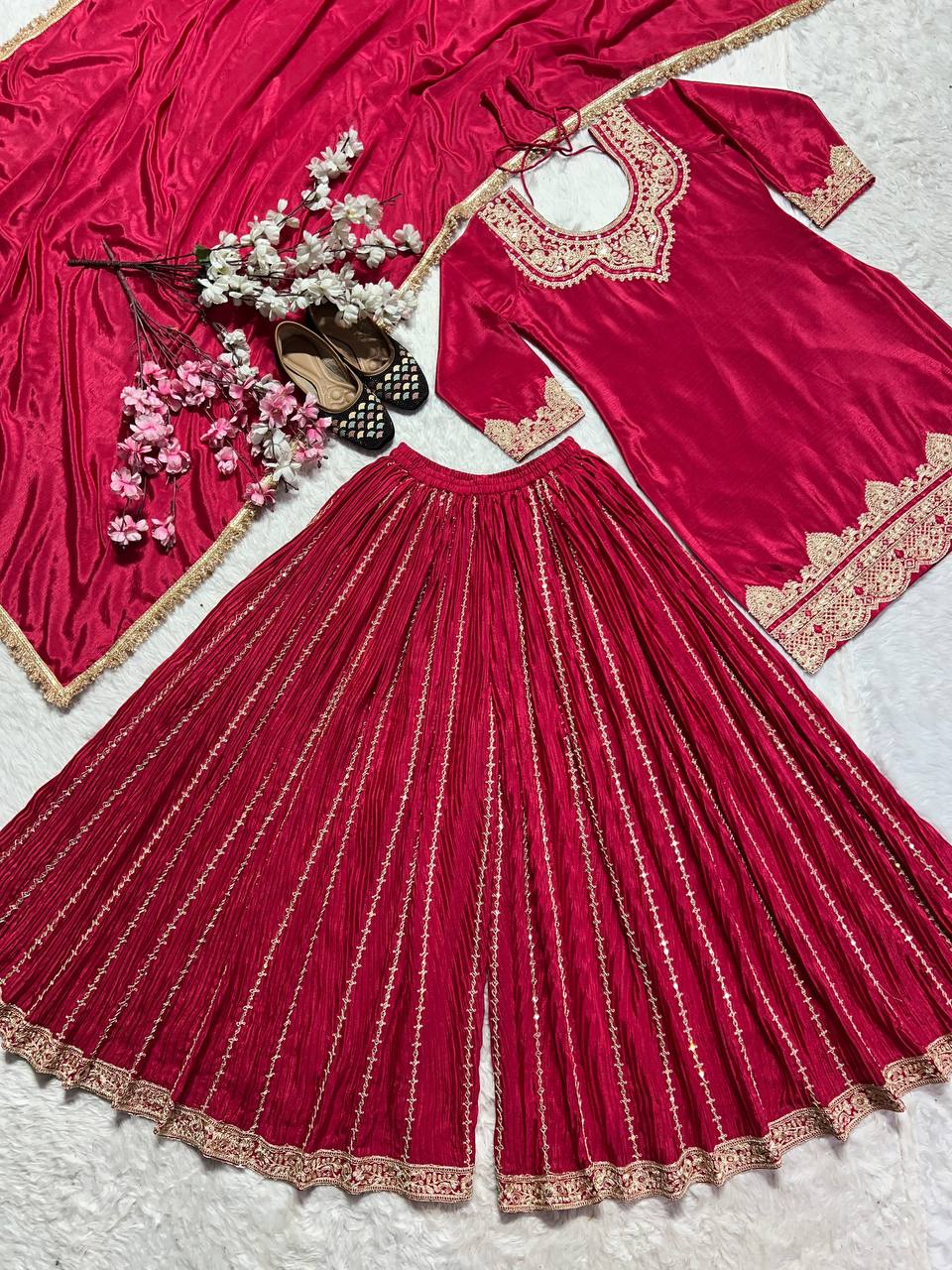 Occasion Wear Red Color Pure Heavy Chinnon Silk With Heavy Embroidery Coding Sequence Work Sharara Suit