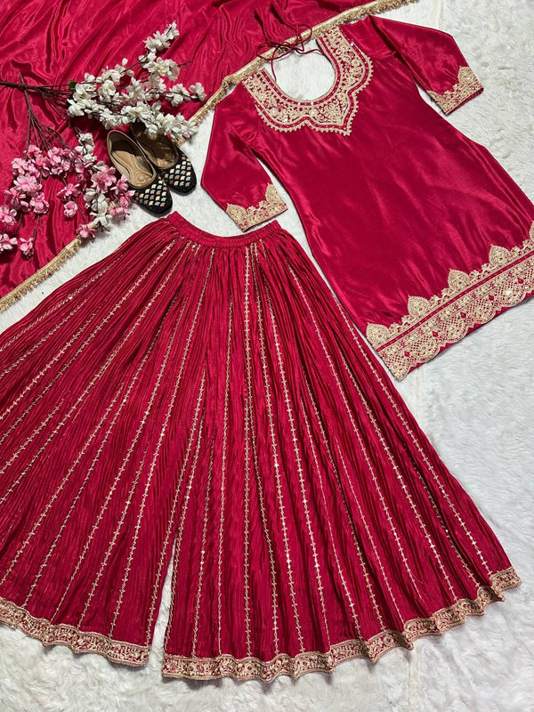 Occasion Wear Red Color Pure Heavy Chinnon Silk With Heavy Embroidery Coding Sequence Work Sharara Suit