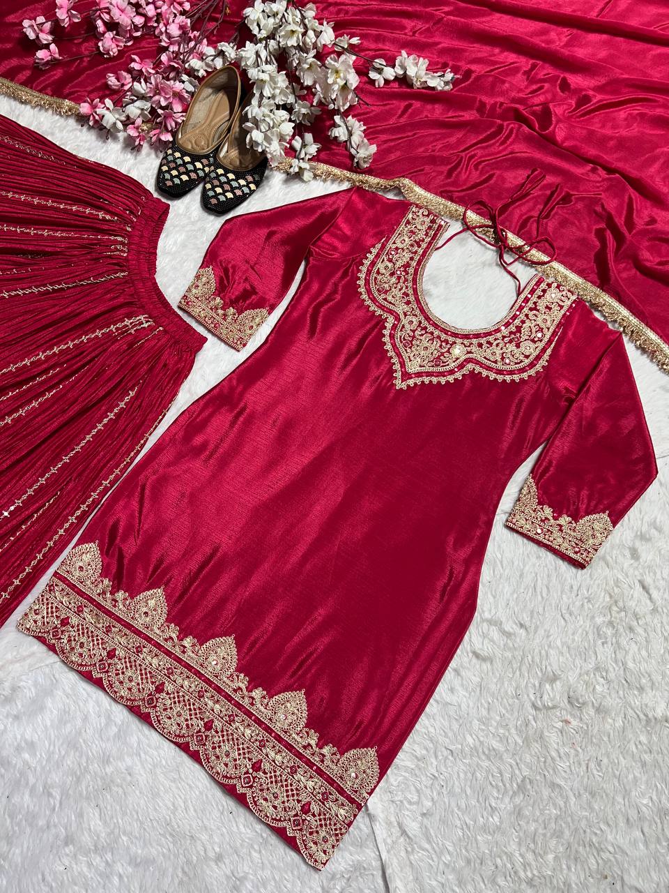 Occasion Wear Red Color Pure Heavy Chinnon Silk With Heavy Embroidery Coding Sequence Work Sharara Suit